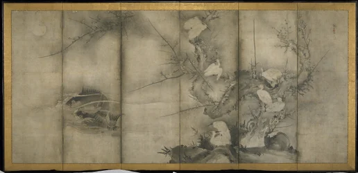 Weide, Reiher in Pflaume und Weide, Sechsteiliges Faltbildschirm