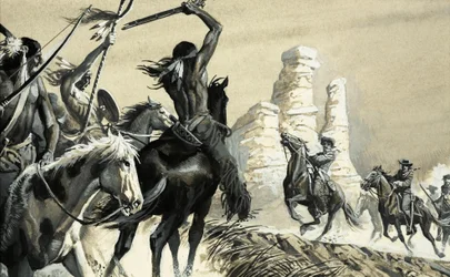 Eine überraschende Begegnung zwischen zwei Spähtrupps, einer indianisch, der andere US-Kavallerie