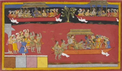 Bharata und Shatrughna erreichen Nandigrama, begrüßen Rama, und der Pushpaka-Wagen fährt ab