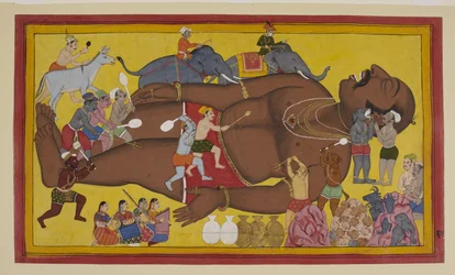 Dämonen wecken den schlafenden Kumbhakarṇa, um gegen Rāma zu kämpfen