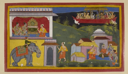 Hanumān informiert Guha, Bharata und Śatrughna über Rāmas Rückkehr aus dem Exil
