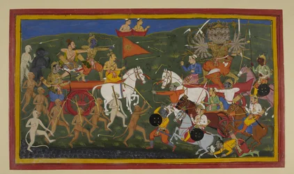 Rāma und Rāvaṇa kämpfen heftig, während Omen Rāvaṇas Niederlage vorhersagen