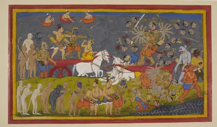 Rāma tötet Rāvaṇa mit der Brahmā-Waffe; Himmlische jubeln und Vibhīṣaṇa erweist Ehre