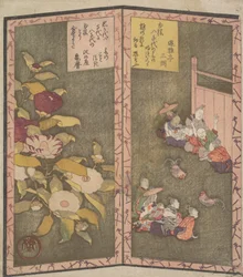 Kamelienblüten links, Menschen beim Betrachten eines Hahnenkampfs rechts, ca. 1820.