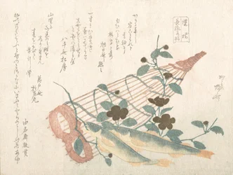 Süße Fische des Nagara-Flusses, mit Körben und Blumen