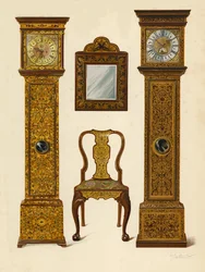 Uhr mit heller Marketerie eingelegt, Eigentum von Percy Macquoid; Uhr mit dunkler Marketerie eingelegt, Victoria and Albert Museum; Walnussstuhl mit Marketerie eingelegt; Spiegel (Chromolithographie)