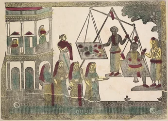 Krishna gegen wertvolle Gegenstände gewogen, 1800er Jahre