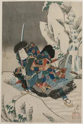 Nakamura Utaemon IV als Krieger im Schnee stehend