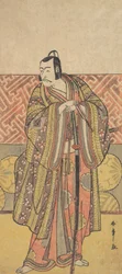 Ichikawa Danjuro V als Kudo Suketsune, reich gekleidet, lehnt sich auf sein Schwert, spätes 18. Jahrhundert