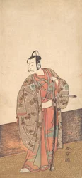 Der Schauspieler Ichikawa Danjuro V im Haus und vor einer Veranda, ca. 1772