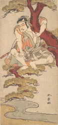 Der Schauspieler Otani Hiroemon III beobachtet von den Ästen einer Kiefer...