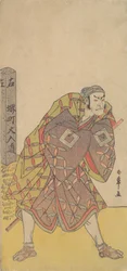 Der fünfte Ichikawa Danjuro als Kago-Träger in der Nähe eines Meilenpfostens, ca. 1783-84