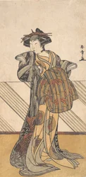 Der vierte Iwai Hanshiro als Kurtisane in einem rosa Kimono, ca. 1778