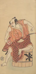 Der dritte Otani Hiroemon als Otokodate auf einem umgedrehten Fass sitzend, 1768 oder 1769