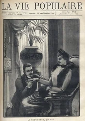Ein Mann auf den Knien hält die Hand einer eleganten Frau, die in einem bürgerlichen Wohnzimmer sitzt, ihren Mantel, einen Ärmel und einen Pelzschal trägt. Illustration für Le Seducteur par Gyp (Sibylle Gabrielle Marie Antoinette Riquetti de Mirabeau, Gräf