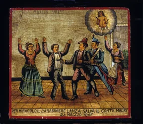 Ex-voto (ex voto) Sizilianisch: „Durch ein Wunder rettet Carabinier Lanza Graf Magri am 24.05.1867“. Darstellung eines Brigantaggio: Ein Räuber zielt mit seiner Pistole auf das Paar Magri, während der Carabinier ihn von hinten überrascht.
