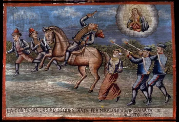 Ex-voto (ex voto) Sizilianisch: „Die entführte Gräfin Ursino wurde am 16.08.1871 durch ein Wunder gerettet“. Darstellung eines Raubüberfalls (Brigantaggio): Die drei Räuber entführen die Gräfin, während die Carabinieri auf sie schießen.