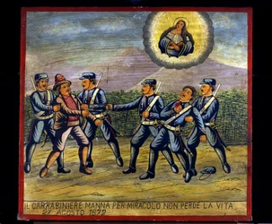 Ex-voto (ex voto) Sizilianisch: „Der Karabiner Manna verliert durch ein Wunder nicht sein Leben am 27.08.1872“. Darstellung eines Banditentums (Brigantaggio): Ein Räuber schoss auf den Karabiner Manna, während die anderen Karabinieri ihn festnahmen.