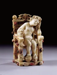 Figur des Jesuskindes auf einem Thron sitzend, frühes 17. Jahrhundert