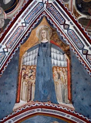 Darstellung der Jungfrau Maria, Mutter der Kirche. Fresko der Kapelle der Jungfrau, geschaffen von der Schule von Siena im 14. Jahrhundert - Kloster St. Benedetto (Sacro Speco), Subiaco (Rom), Italien