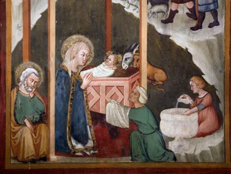 Die Geburt Christi (Fresko der Schule von Siena, 14. Jahrhundert, Kapelle der Jungfrau, Kloster von San Benedetto)