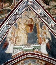 Die Krönung der Jungfrau. Fresko der Kapelle der Jungfrau, ausgeführt von der sienesischen Schule des 14. Jahrhunderts. Kloster San Benedetto (Sacro Speco), Subiaco (Rom), Italien