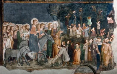 Der Einzug in Jerusalem (Fresko der Schule von Siena, 14. Jahrhundert, Oberkirche, Kloster von San Benedetto)