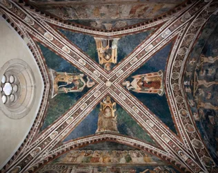 Ansicht der Fresken, die eines der Gewölbe der Oberkirche schmücken und die vier Ärzte der römischen Kirche darstellen: Ambrosius von Mailand