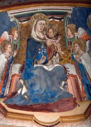 Jungfrau und Kind (Detail) - Fresko der Schule von Siena