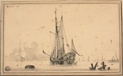 Hafenszene mit ruhenden Schiffen und Pfählen