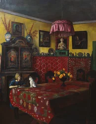 Interieur mit Mädchen und Katze