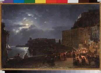 Der Kai Santa Lucia in Neapel (Italien), eine Vollmondnacht
