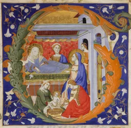 Manuskript-Illumination mit der Geburt der Jungfrau Maria in einem Initial G, aus einem Graduale, ca. 1375