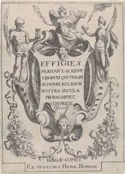 Kartusche mit Girlanden und Figuren