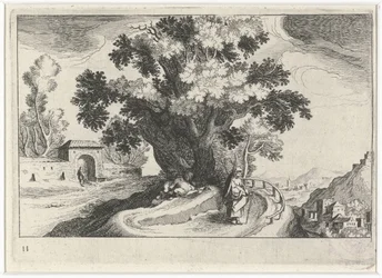 Hügellandschaft mit liebenden Figuren unter einem Baum