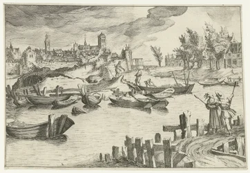 Flusslandschaft mit einer Stadt im Hintergrund