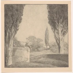 Landschaft mit Mauer und Zypresse