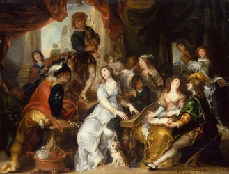 Eine Allegorie der fünf Sinne: Eine fröhliche Gesellschaft in einem palastartigen Innenraum