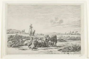 Landschaft mit Hirtin und Hund bei Schafherde