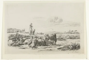 Landschaft mit Hirtin und Hund bei einer Schafherde