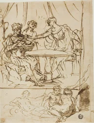 Judith mit dem Kopf des Holofernes und Skizzen von Flussgöttern (recto); Weiblicher Kopf, nach oben blickend (verso)