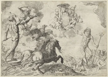 Jupiter, Neptun und Pluto bieten ihre Krone dem Wappen von Kardinal Scipione Borghese an