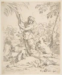 Ruhe in Ägypten, Maria stillt das Christkind, während ein Engel an Baumzweigen zieht, ca. 1639