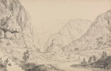 Album mit 30 Ansichten in Tirol und Italien: Blick auf den Eisak bei Mittenwald, 27. Okt. 1840