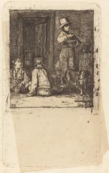 Innenraum mit drei Jungen und einem Hund