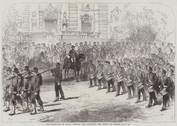 Die Revolution in Spanien, General Prim inspiziert die Truppen in Madrid