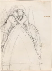 Entwurf für einen gotischen Bogen mit dem Künstler und Effie Ruskin, die sich umarmen (recto); Entwurf für einen gotischen Bogen mit Effie als Engel (verso)