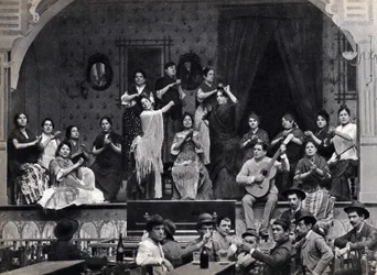 Sevilla, Spanien, Tanz- und Flamenco-Musikszene in einem Café. Fotografie, Ende des 19. Jahrhunderts,