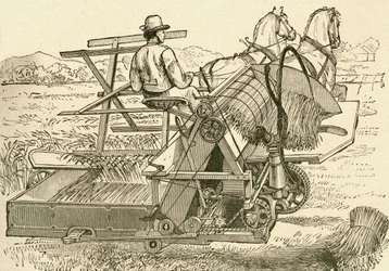 Eine Erntemaschine, von Pferden gezogen, die die Getreidebündel mechanisch band, verwendet im späten 19. Jahrhundert. Aus El Museo Popular, veröffentlicht in Madrid