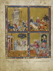 Szenen aus Genesis: Bau des Turms von Babel; Noah schneidet Trauben; Abraham und Sarah; Nimrod und Abraham, Illustrationen aus 